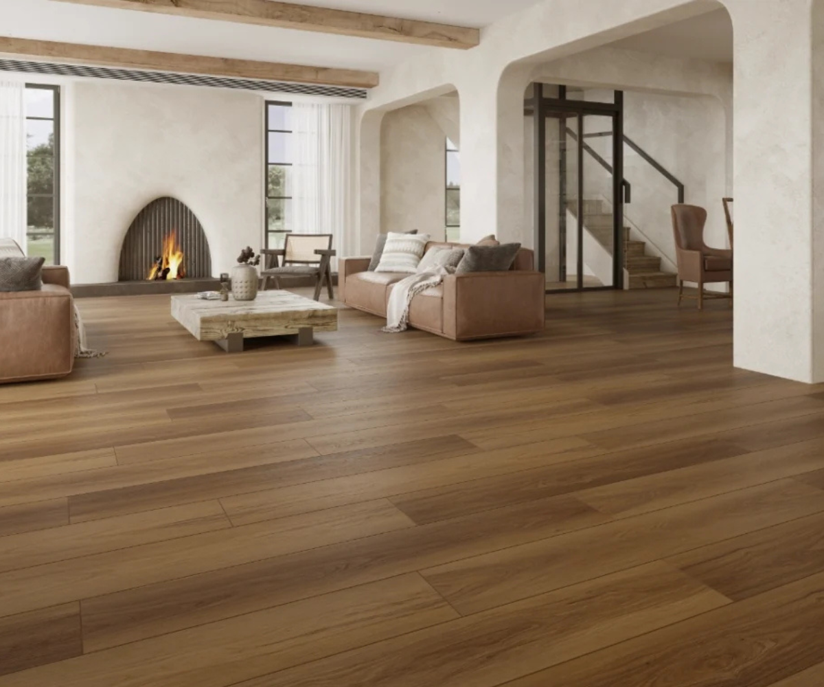 Wood-grain laminate floor installed in a Calgary home