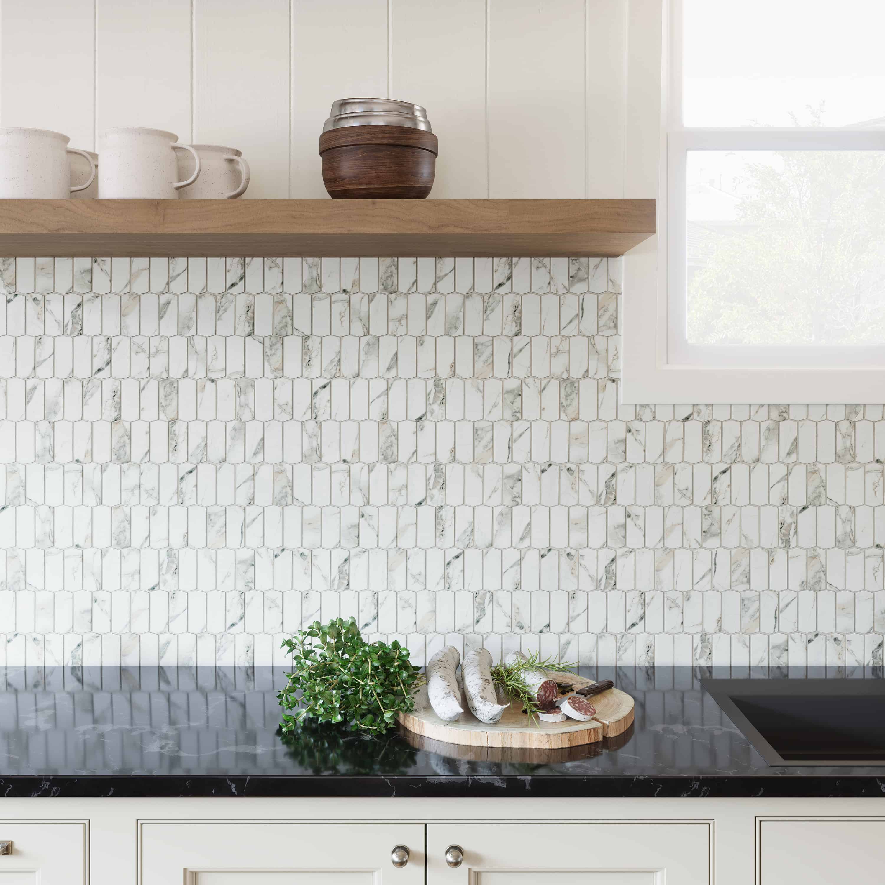 Marble picket mosaic backsplash tile in a Calgary kitchen