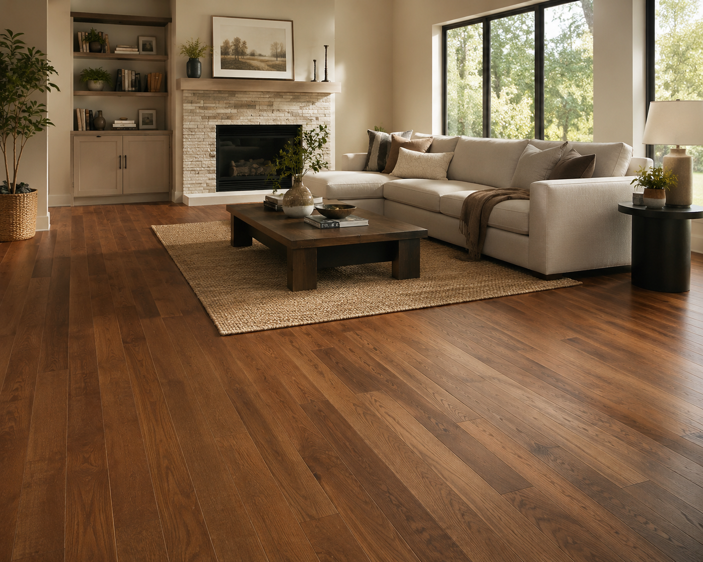 Living room finished in warm wide-plank hardwood