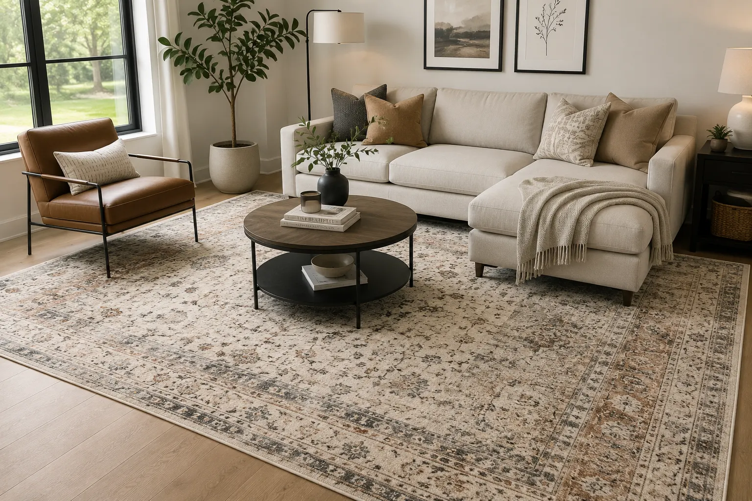 Custom cut and bound area rug in a Calgary living room