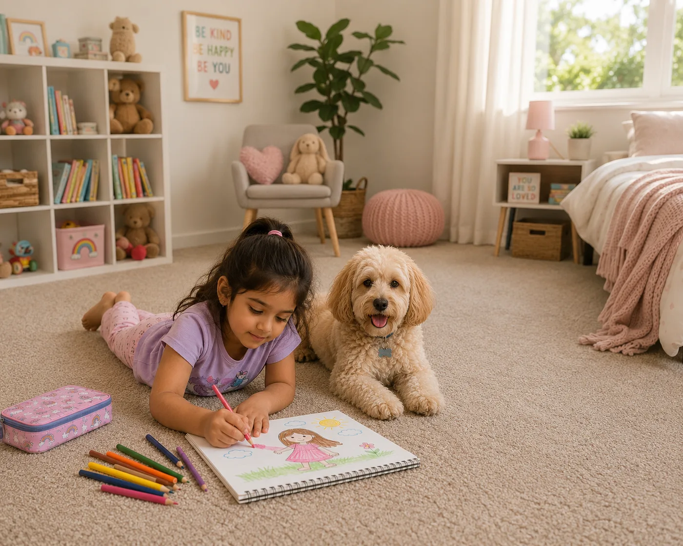 A child and their dog on soft carpet in a Calgary bedroom, installed by YYC Flooring Solutions