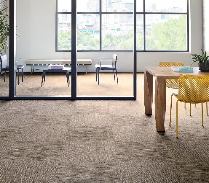 Commercial carpet tile flooring in a Calgary office meeting room overlooking the city