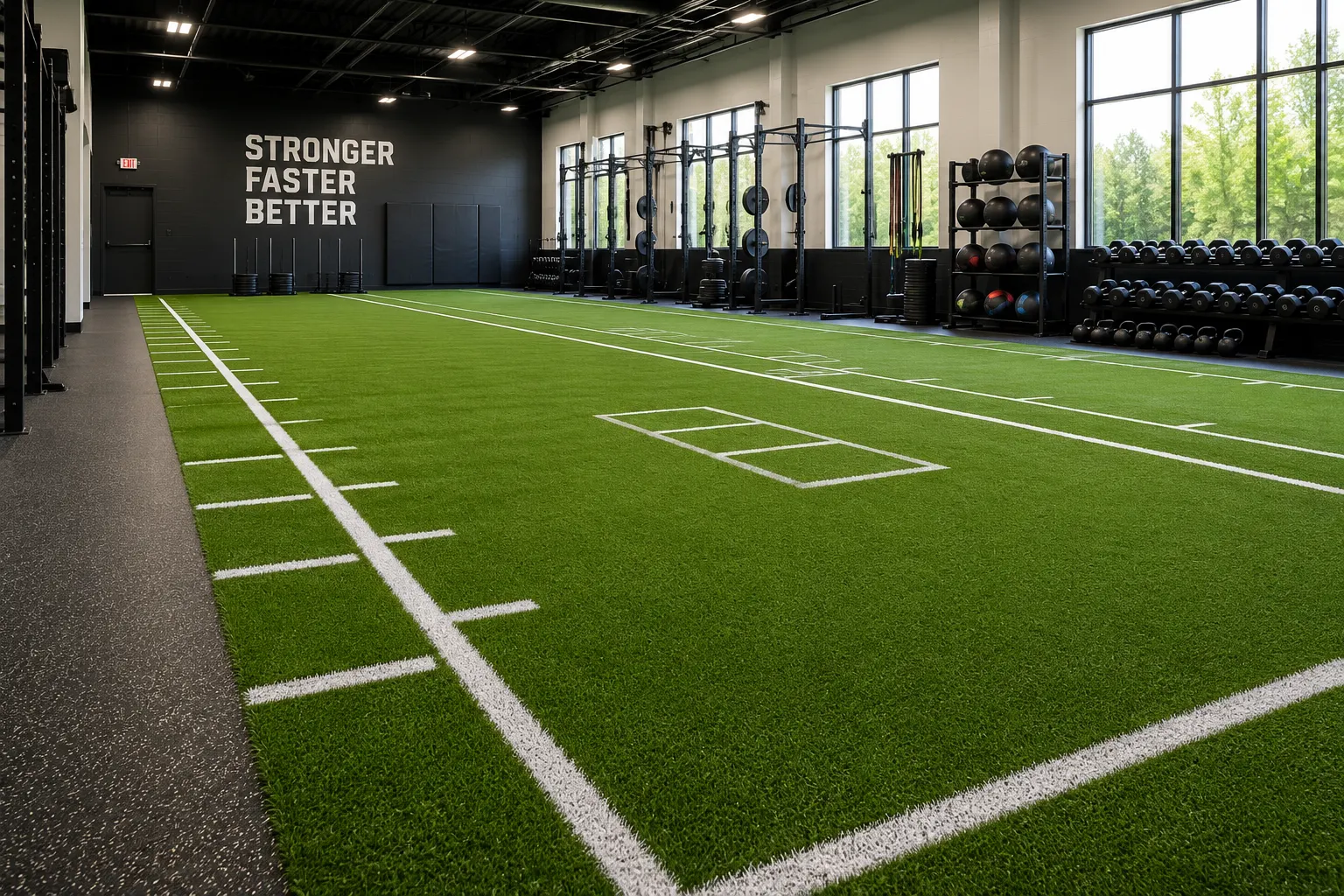 Indoor artificial turf sprint lane in a gym