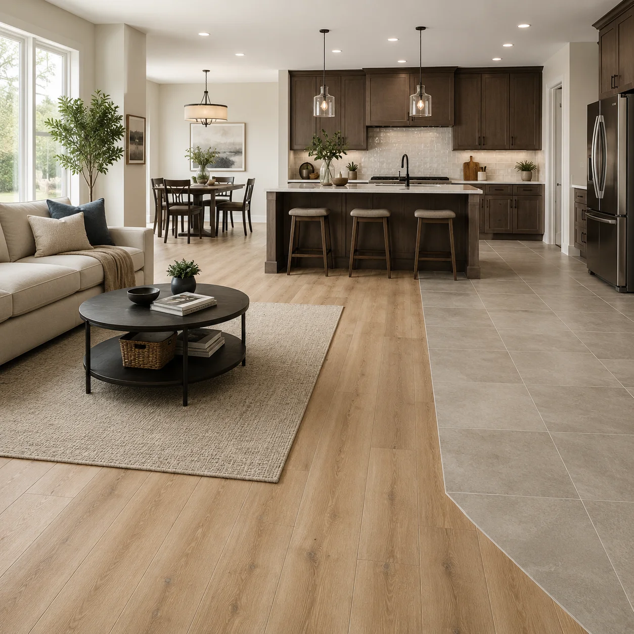 Wood-look luxury vinyl plank floor meeting stone-look tile in an open-plan Calgary kitchen and living room