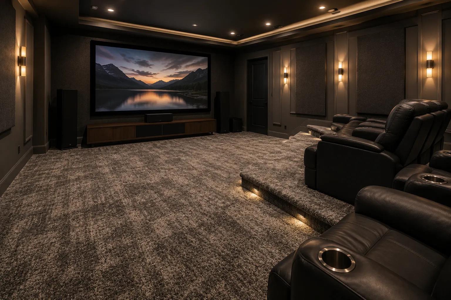 Carpeted home theatre room floor and risers